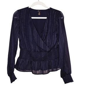 Black  Shimmer Stripe V-Neck Peplum Blouse  Sz XS Smocked Waist